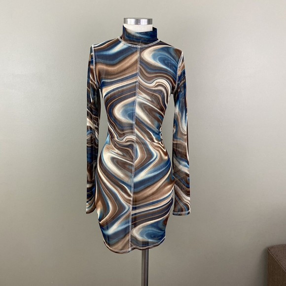 Vtg 90s Y2k Mesh Dress S M Bodycon Swirl Sheer Mock Neck Stretch Blue Brown - Picture 1 of 10